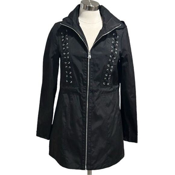 GUESS Women’s Lace Up Hooded Water Resistant Raincoat Jacket in the Size Medium - Picture 6 of 16